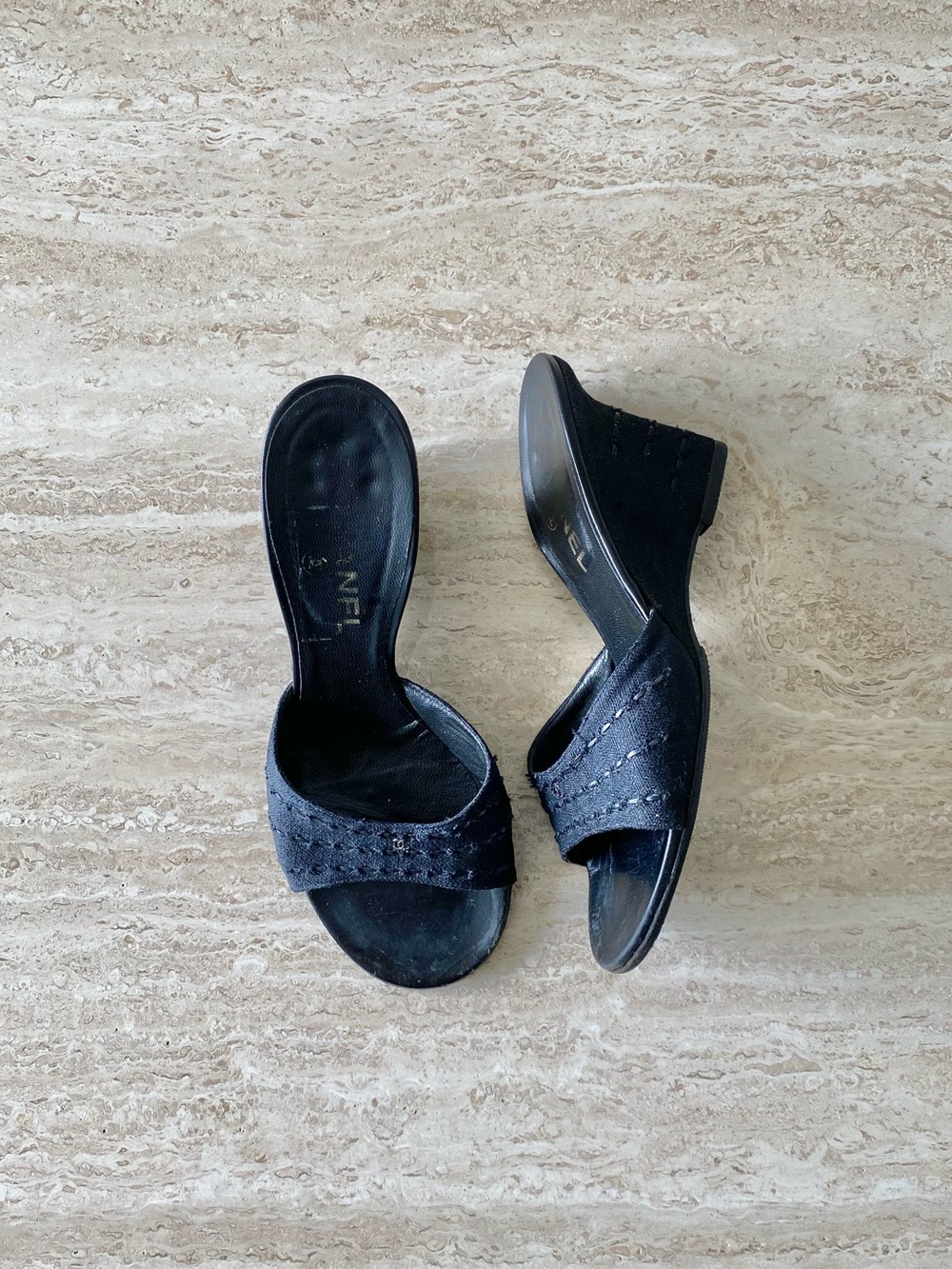 Vintage Chanel Linen Stitch CC Mule Wedge Sandals